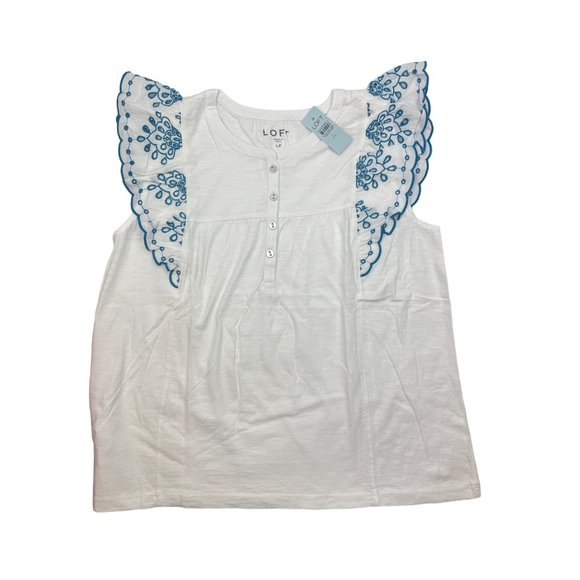 LOFT Women Petite Eyelet Flutter Henley Mixed Media Top L - Picture 2 of 14